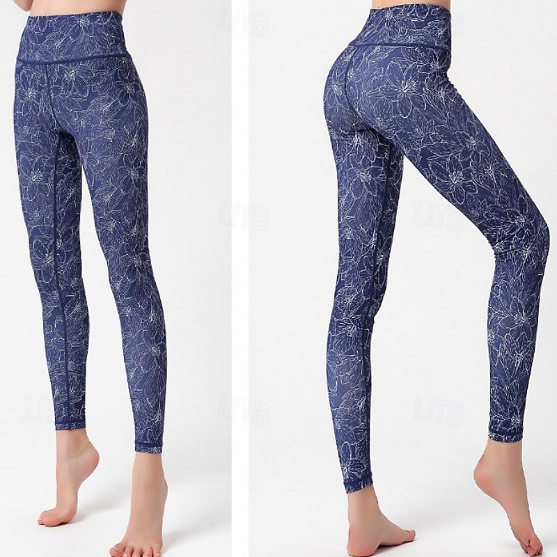 Dames Pilatesbroek Yogabroek Billenlift met ruche Hoge taille Sportschooltraining Hardlopen Fitness Legging Kleding Onderlichaam Flora Amethist Wit Blauw Sport Sportkleding Hoge Elasticiteit 2026 - $23.99 –P8