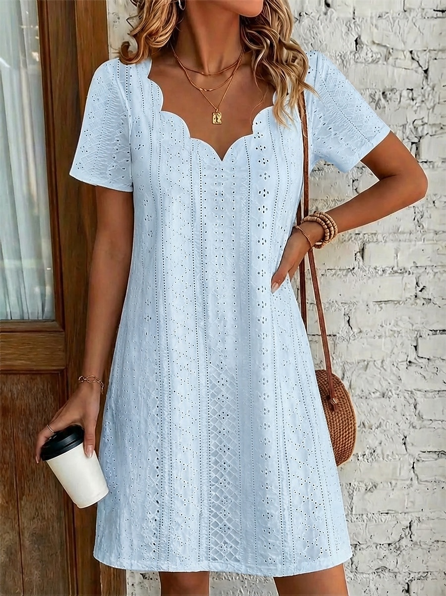 Mujer Vestido hasta la Rodilla Vestido blanco Vestido de verano Vestido con ojales Elegante Moda Moderno Playa Vacaciones Festivos Ajuste regular Plano Manga Corta Escote en Pico Azul Piscina Blanco 2026 - $21.99 –P2