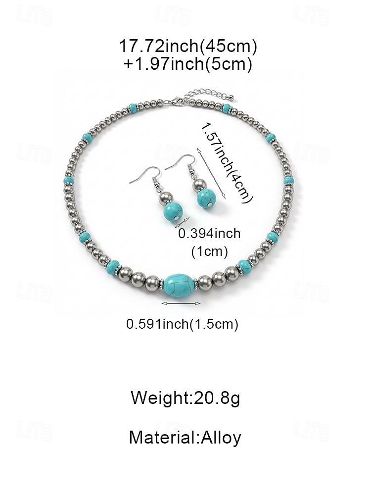 Dames sieradenset in bohemian stijl met turquoise legering, bestaande uit een kralenketting en oorbellen, perfect voor een strandvakantie, dagelijkse casual outfits, reizen en een stijlvolle look voor 2026 - $11.99 –P9