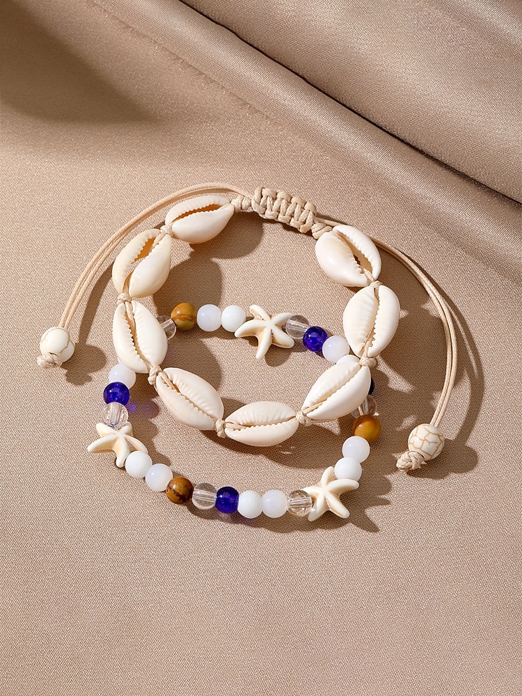 Женский богемный браслет на лодыжку из ракушек с подвесками в виде звезд, двухслойный, регулируемая длина, идеально подходит для пляжного отдыха, повседневной носки и летних аксессуаров. 2026 - $7.99 –P7