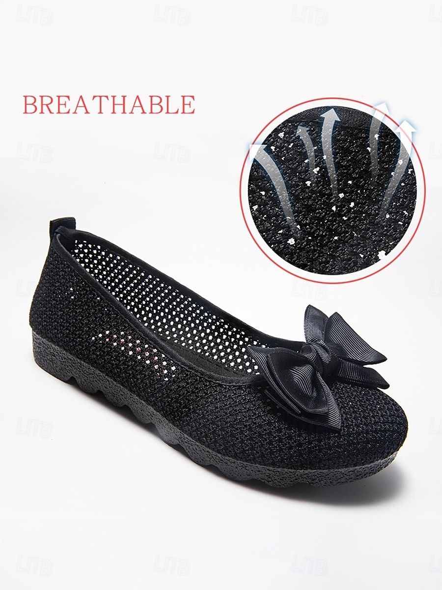 Ballerines noires en maille pour femme, respirantes, ornées d'un nœud décoratif, à enfiler, confortables et décontractées, idéales pour le bureau et le quotidien. & été de 2026 ? $19.99 –P6