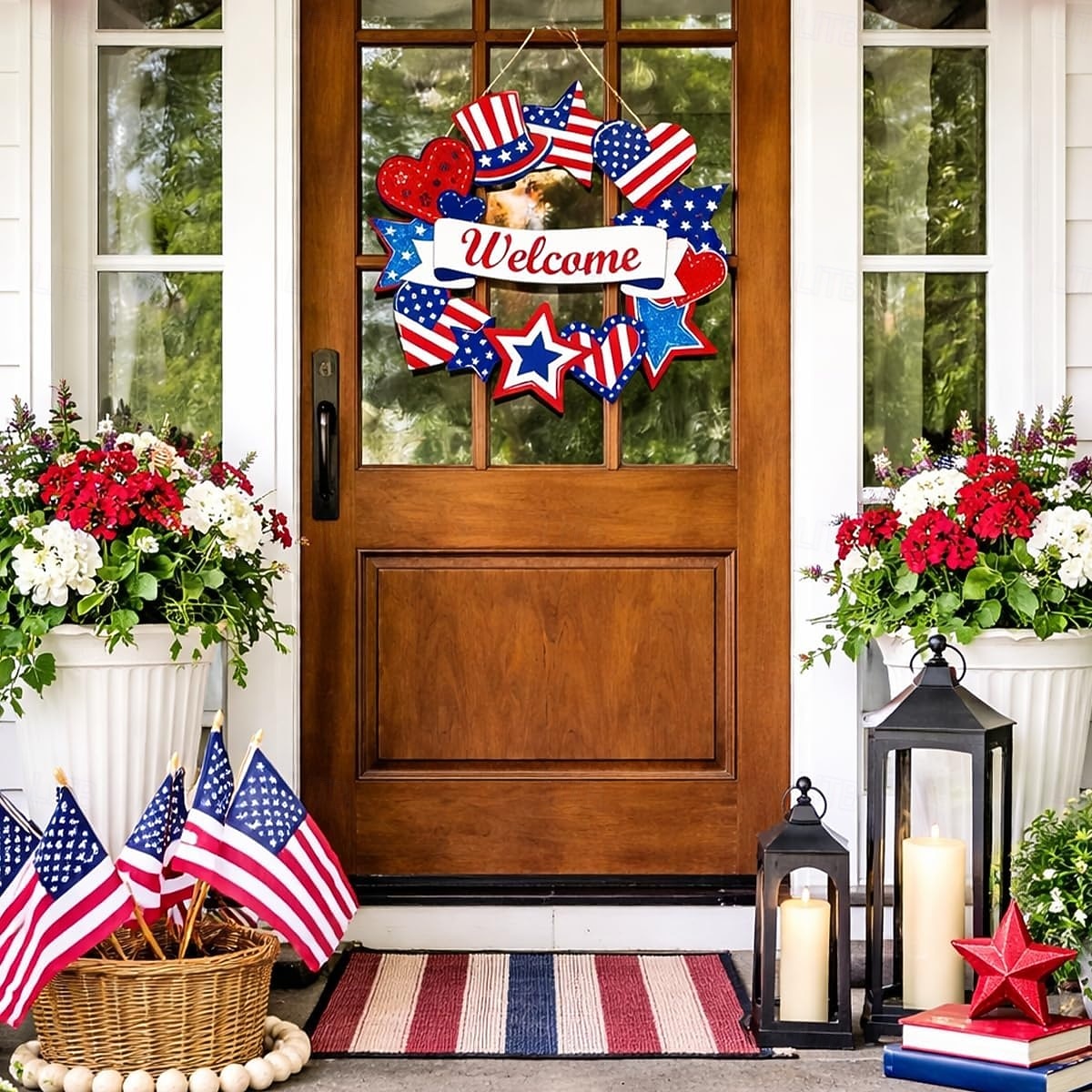 decorazioni in legno per il 4 luglio, ghirlande patriottiche per la porta d'ingresso, decorazioni per il giorno dell'indipendenza, segno stellare di benvenuto, decorazione per il Memorial Day da del 2026 a $14.99 –P5