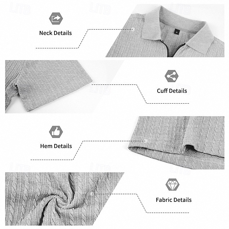 Voor heren Polo met rits Met Textuur Casual Feestdagen Revers Kwart ritssluiting Korte mouw Modieus Basic Effen Jacquard Kwart ritssluiting Zomer Lente Getailleerd Zwart Wit Bordeaux khaki Leger 2026 - $22.99 –P2