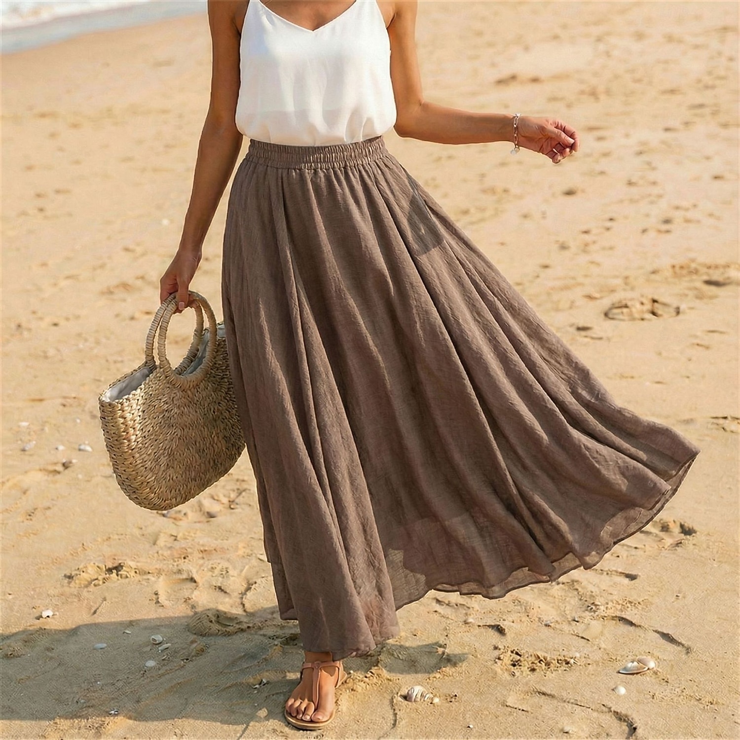 Women's Linen Blend Vacation Skirt Casual Maxi High Waist Skirts Holiday turmeric White Sky Blue Dark Green Summer 2026 - $27.99 –P10