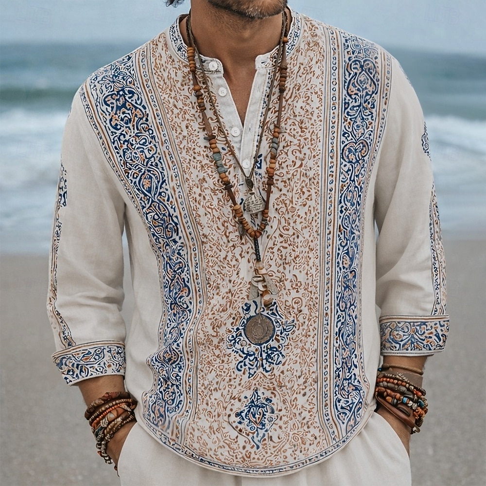 Per uomo Etnico Floreale intricato Camicia Camicia con Bottoni Maglia Henley Manica Lunga Vintage Retrò Casuale Vacanza Matrimonio Estate Primavera Collo alla coreana Colletto Mao Stampa 3D Camicia del 2026 a $27.99 –P3