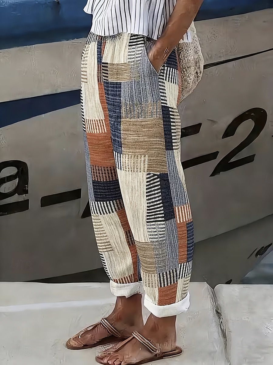 Per donna Pantaloni effetto lino Gamba larga Pantaloni casual Pantaloni Estivi Vacanza Moda Streetwear Lunghezza alla caviglia Misura del girovita medio Grafico A righe Astratto Coulisse Patchwork del 2026 a $31.99 –P1