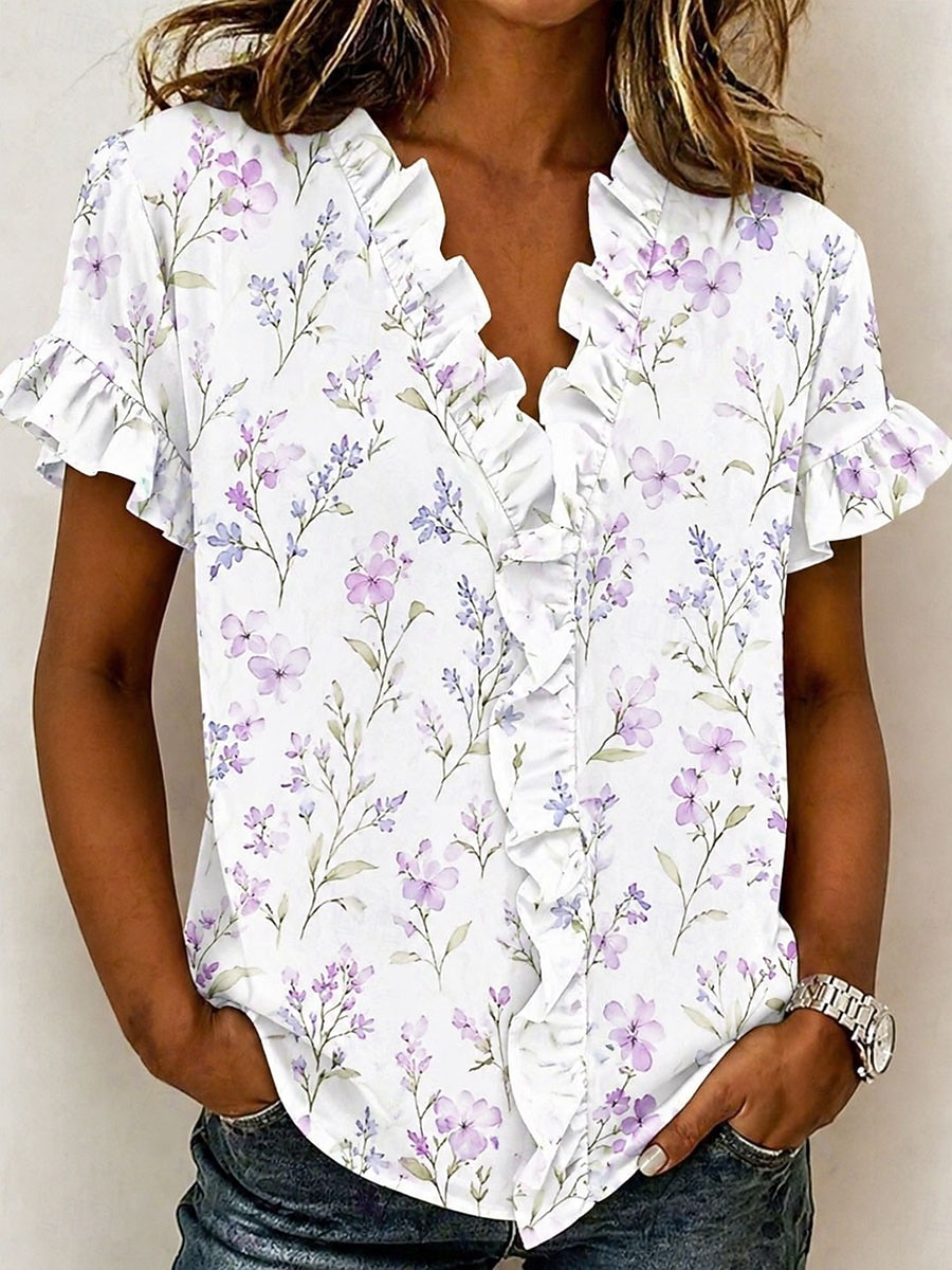 Per donna Camicia Tunica Volant Floreale Grafico Elegante Moda Quotidiano Manica Corta Scollo a V Top Regolari Casuale Quotidiano Blu Nero Rosa Viola Estate Primavera del 2026 a $26.99 –P6