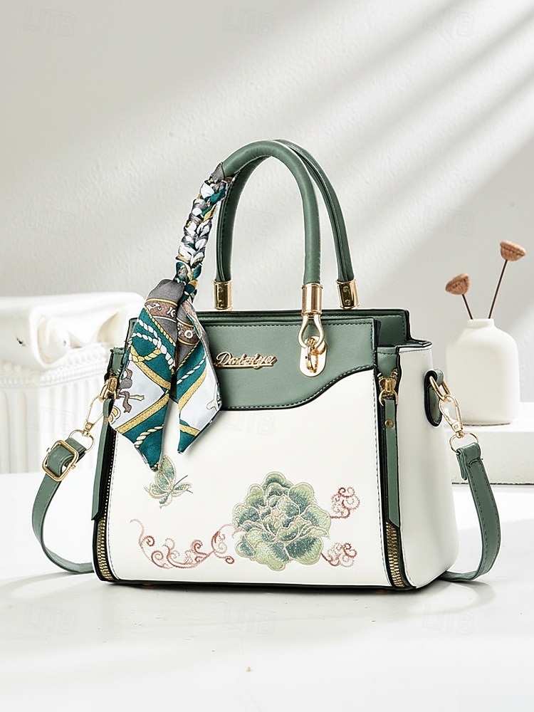 Γυναικεία τσάντα χειρός με κέντημα και λουλούδι, με διακοσμητικό κασκόλ, από συνθετικό δέρμα, σε πολλά χρώματα, κομψό, casual στυλ, ιδανική για καθημερινή χρήση, γραφείο και κοινωνικές συγκεντρώσεις. 2026 - $29.99 –P7