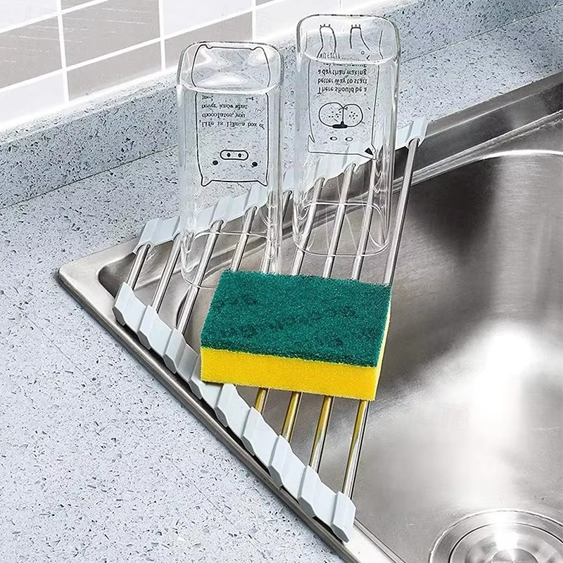 Escurridor de platos sobre el fregadero, enrollable y triangular para esquina de cocina, alfombrilla de escurridor plegable de acero inoxidable (triangular), escurridor de platos para fregadero de 2026 - $9.99 –P1