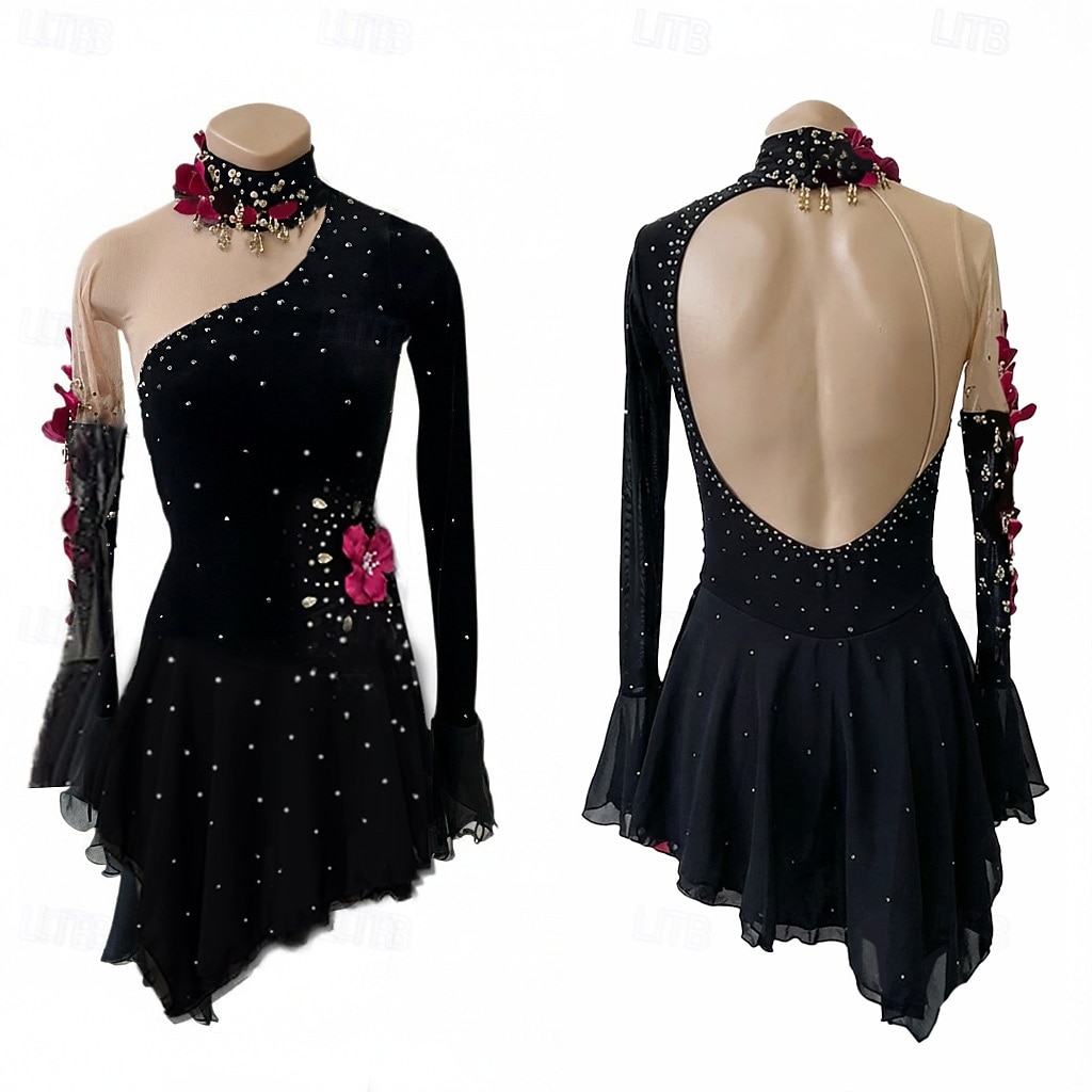 Vestidos para Patinação Artística Mulheres Patinação no Gelo Vestidos Preto Patchwork Sem costas Elasticidade Alta Treino Competição Roupa para Patinação Clássico Cristal / Strass Manga Longa de 2026 por $298.69 –P1
