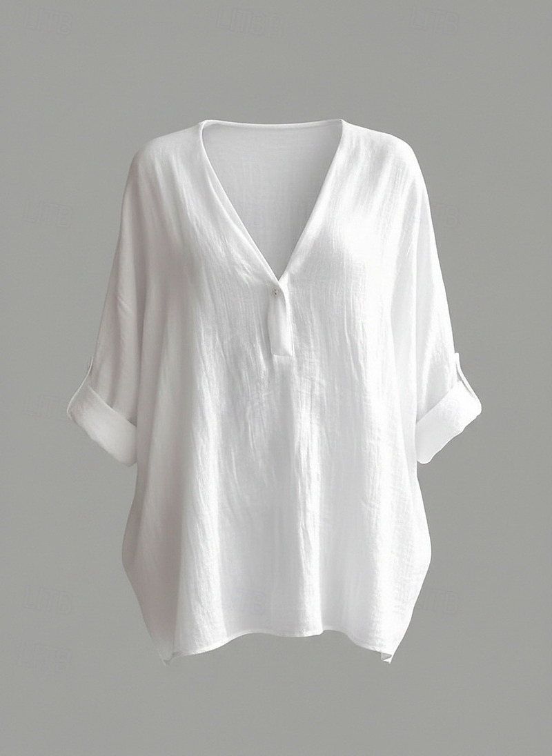 Damen Baumwoll-Leinen-Hemden Gerafft Einfarbig Täglich Basic Lässig Langarm V Ausschnitt Normale Oberteile Täglich Blau Weiß Rosa Grün Sommer Frühling Herbst 2026 - $22.99 –P7