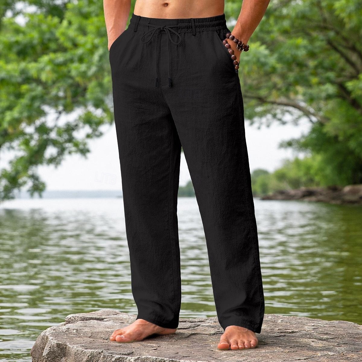 Férfi Vászon nadrág Nyári nadrág Strand nadrág Zsinór Zseb Rugalmas derék Sima Mokaszinok Légáteresztő Napi Tengerpart Vakáció Szabadság Hawaii Fekete Fehér Nem elasztikus 2026 - $25.99 –P12