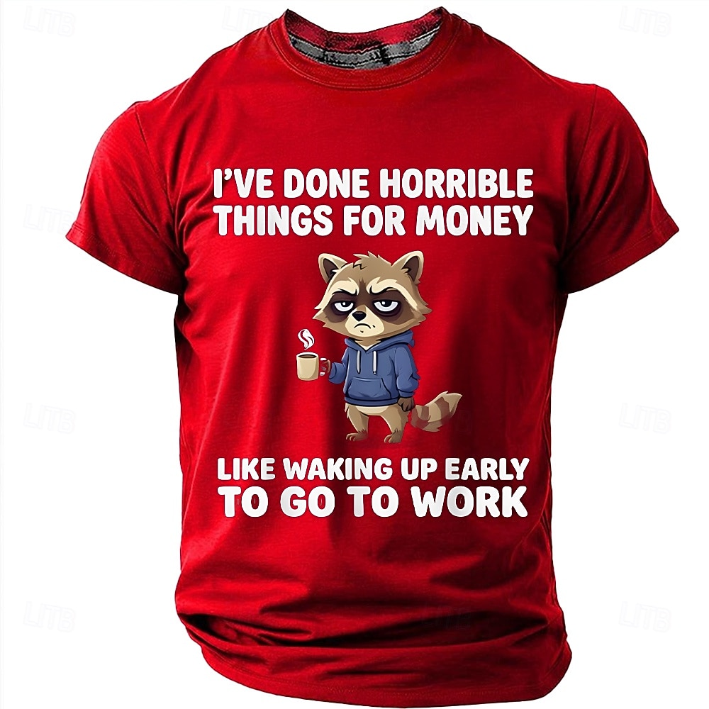 Maglietta da uomo con stampa divertente di un procione "Ho fatto cose orribili per soldi", maniche corte, girocollo, procione stanco che beve caffè, umorismo da ufficio, regalo sarcastico per del 2026 a $18.99 –P18