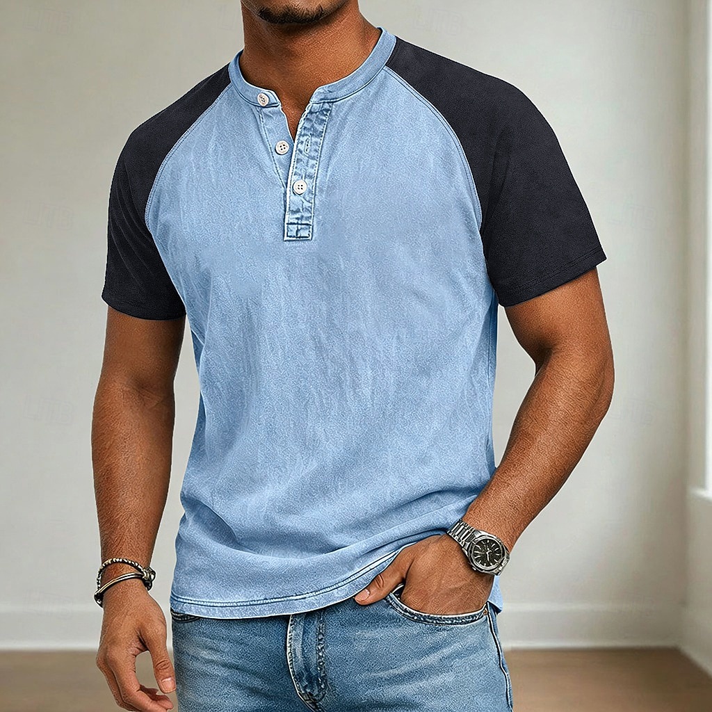 Per uomo Maglia Henley Camicia 100% cotone lavaggio acido Manica Corta Henley Primavera & Estate Estate Primavera Blocco di colori Patchwork Retrò Vintage Casual Henley Patchwork Stile Vintage Blocco del 2026 a $31.99 –P2