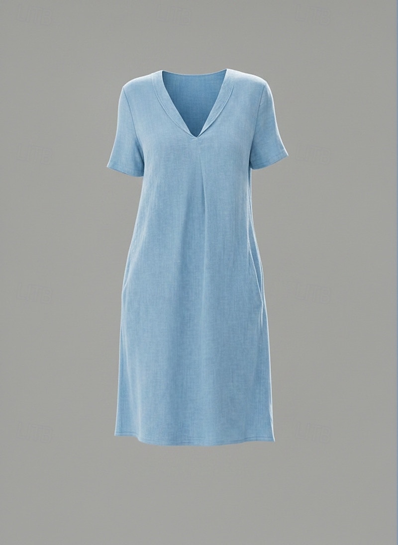 Mini-Kleid aus Baumwolle und Leinen für Damen, lässiges Sommerkleid, locker geschnitten, kurzärmelig, V-Ausschnitt, gelb, hellgrün, himmelblau, grün 2026 - $10.49 –P5