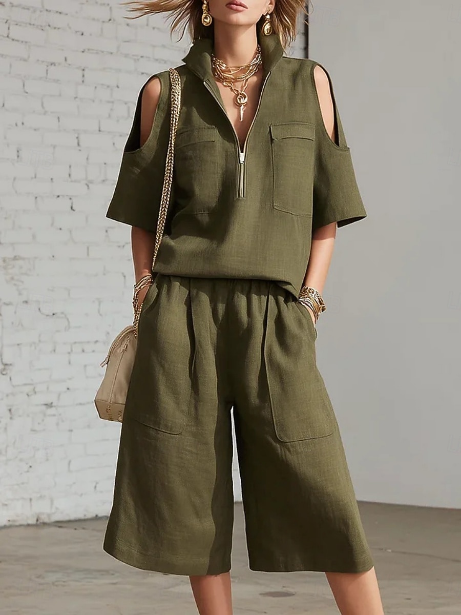 Women's Tracksuit Shorts Sets 3/4 Length Sleeve Shirt Collar Solid Color Zipper Fashion Streetwear Daily Casual Daily Outdoor Black White Yellow Summer Regular Fit 2026 - $42.99 –P2