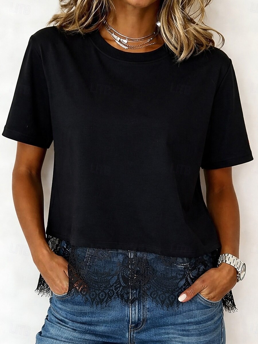 Dame 100% قطن Kontrast blonder Stilfull Klassisk Kortermet Crew-hals Vanlige topper Avslappet Svart Hvit Sommer Vår 2026 - $24.99 –P2