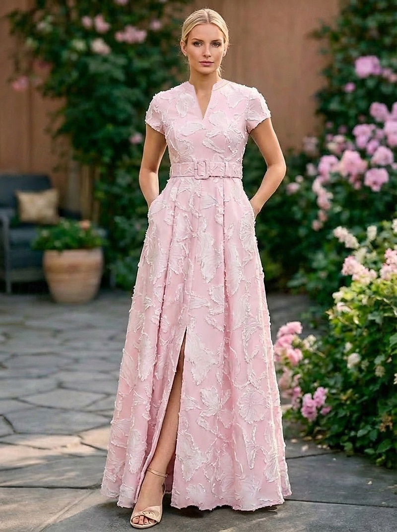 Linia -A Lungime Podea Rochie florala Rochii de seara Elegant Epocă Floral Manșon scurt În V Petrecere în grădină Nuntă Buzunar Satin Jaquard cu Franjuri Rochie cu fanta 2026 - $205.89 –P4