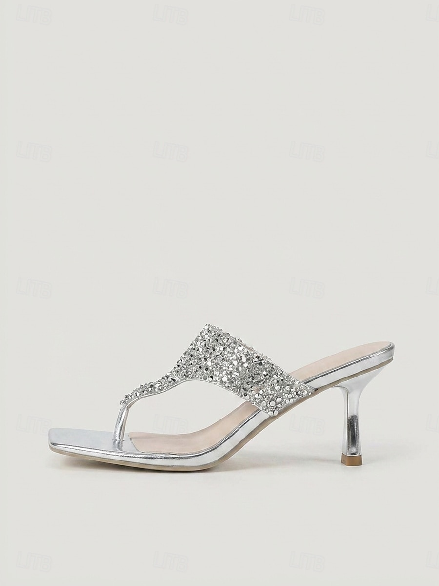 Women's Silver Rhinestone Thong Heeled Sandals - Sparkling Nightlife Party Dress Shoes 2026 - $42.99 –P5