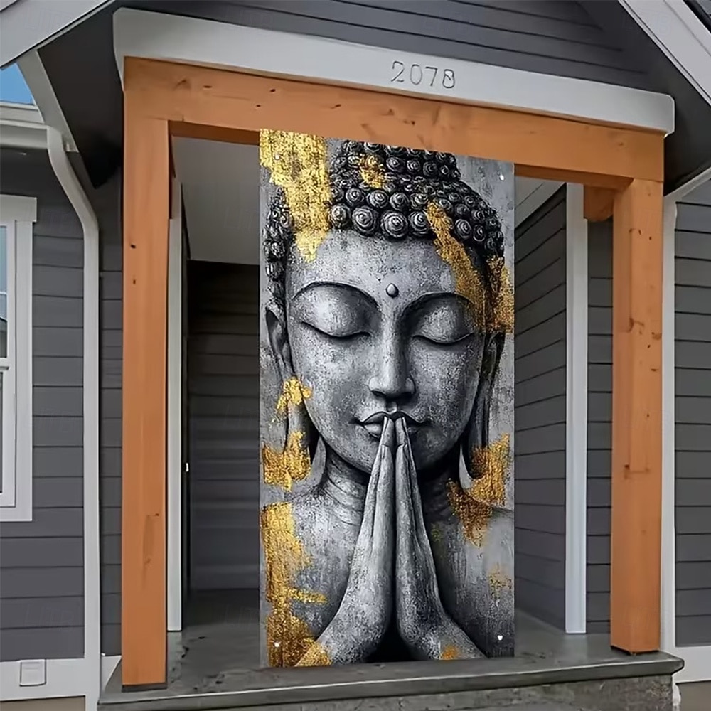 zen buddhizmus imádkozó buddha szobor aranyfüst művészet ajtóbanner meditáló buddha fej szürke kő textúra ajtótakaró jóga stúdió meditációs szoba lakberendezés 2026 - $17.99 –P2