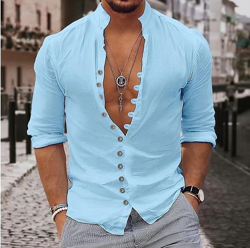 Per uomo Camicia Camicia di lino Camicia Estiva Camicia casual Camicia con Bottoni Semplice Casuale Quotidiano Blu Nero Bianco Rosa Manica Lunga Colletto alla coreana Estate Primavera Abbigliamento del 2026 a $25.99 –P4