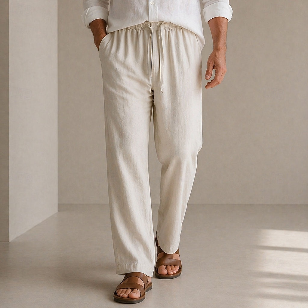 Homme Pantalon en lin Tencel Pantalons Pantalon d'été Cordon de serrage Avec Poches Taille Élastique Uni Confort Respirant Longueur complète Quotidien Extérieur Plage Mode Style Classique Kaki Non de 2026 ? $35.99 –P1