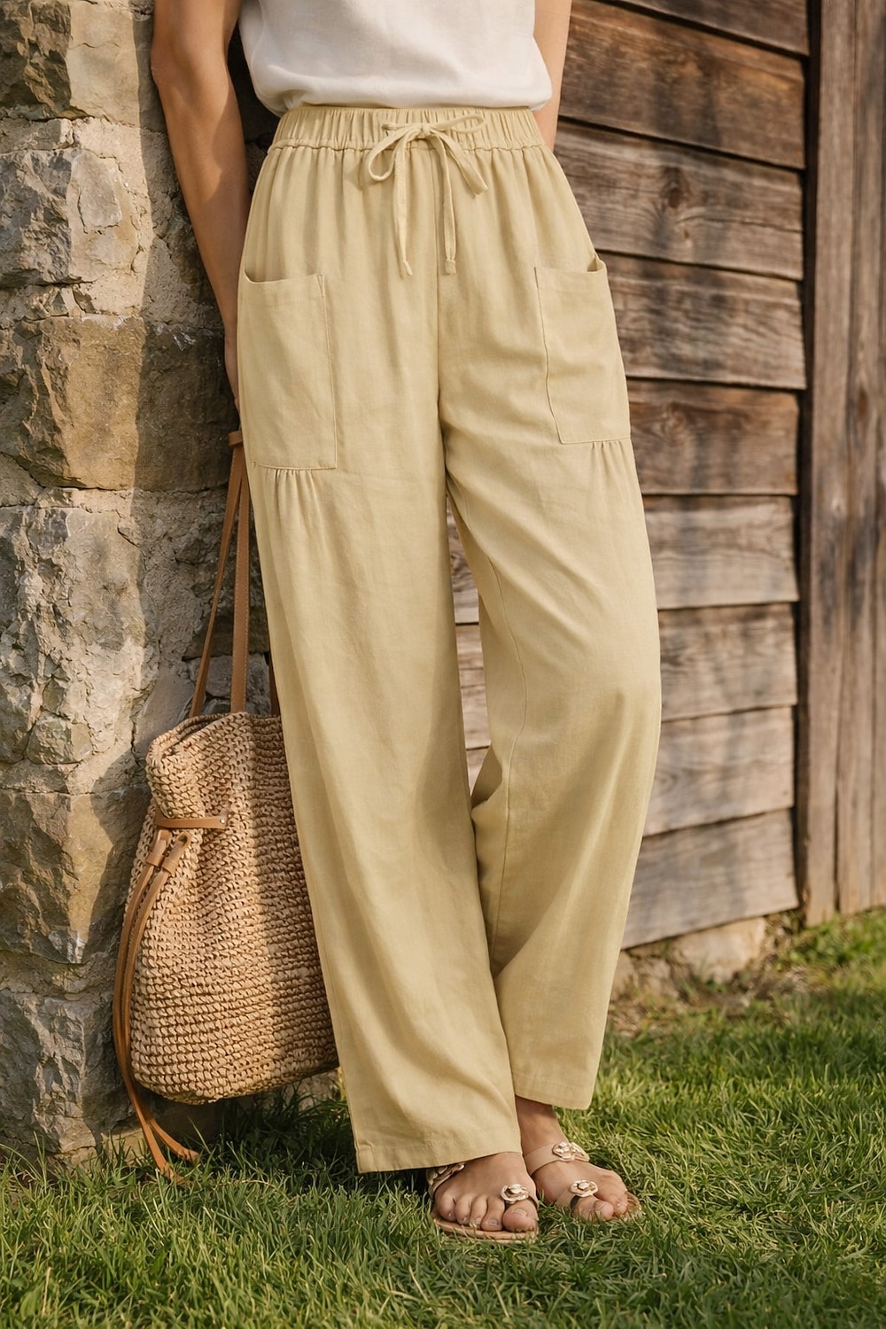 Жен. Широкие Льняные брюки Штаны Чино Отпуск Мода Классический Полная длина Нормальная Полотняное плетение Кулиска Плиссировка Карман Комфорт Легкость Дышащий Неэластичная 2026 - $19.99 –P12