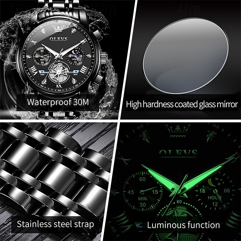 Olevs heren automatisch horloge luxe skeleton mechanisch polshorloge met maanfase waterdicht lichtgevend tweekleurig roestvrijstalen zakelijk modehorloge voor heren 2026 - $45.99 –P10