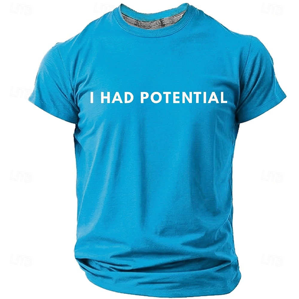 Heren T-shirt met de tekst "I had potential" (grappig, sarcastisch, minimalistisch, meme), normale pasvorm, begaafd, kind, burn-out, humor, casual, dagelijkse designerkleding, maten S, M, L, XL, XXL, 2026 - $19.99 –P4