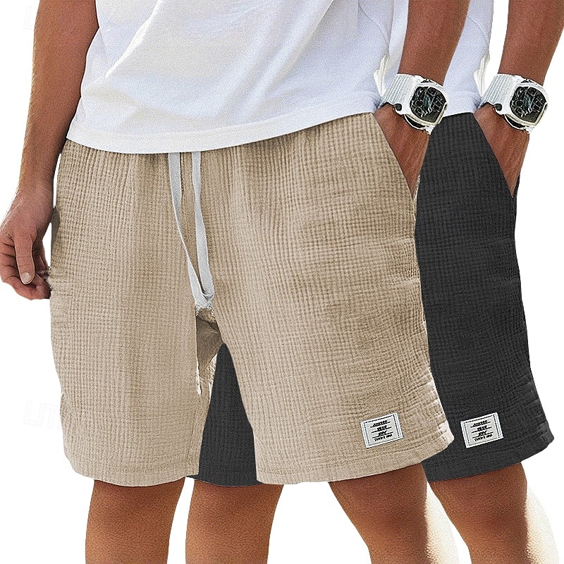 Men's Cotton Linen Shorts Summer Shorts Beach Shorts Casual Shorts Drawstring Pocket Elastic Waist Plain Comfort Breathable Knee Length Beach Vacation Holiday Hawaiian Casual Black+Khaki White+Navy 2026 - $33.99 –P5