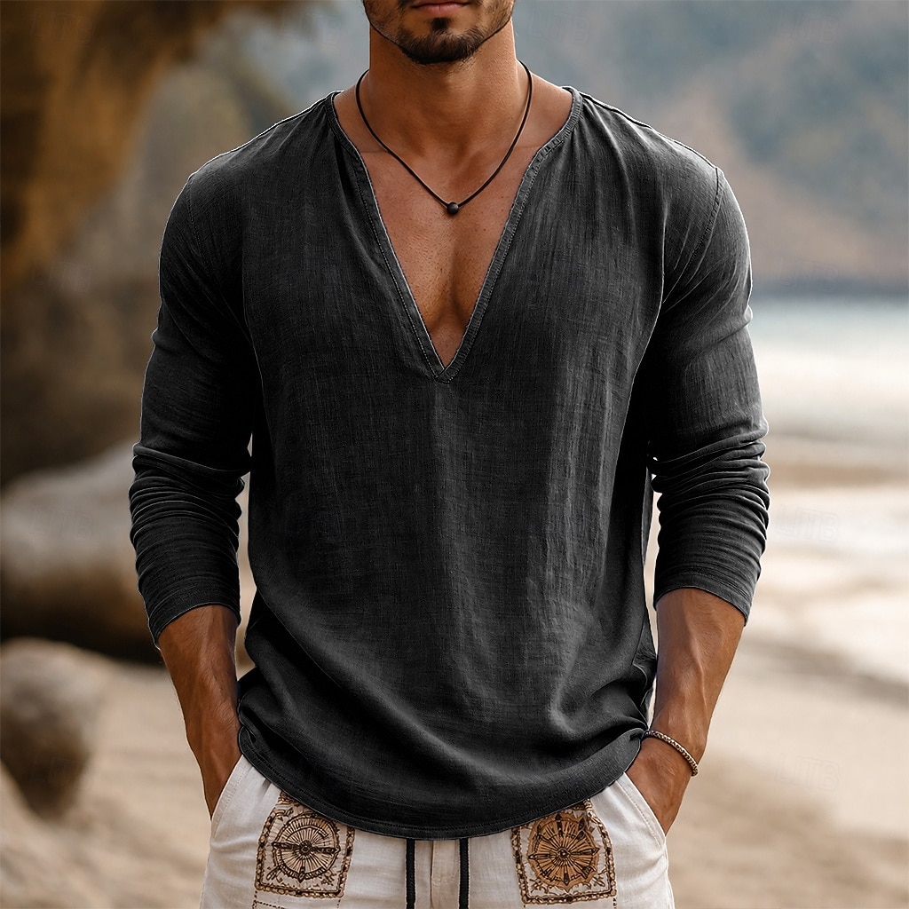 Voor heren T-shirt Lange mouw V-hals Lente zomer Zomer Lente Effen Modieus Ontwerper Basic Zacht Casual Vakantie Straat Licht Blauw Top T-shirt voor mannen 2026 - $18.99 –P5