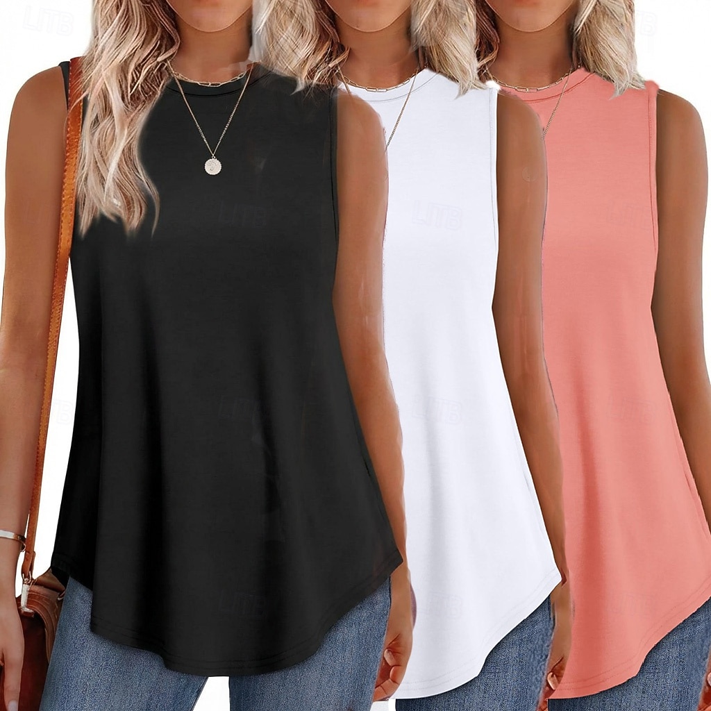 Multipack 3st Dam Rund hals Ärmlös Svart + Rosa + Vit Stridsvagn Väst Ärmlös tröja Slät Ledigt Dagligen Polyester Sommar 2026 - E£2181.22 –P3
