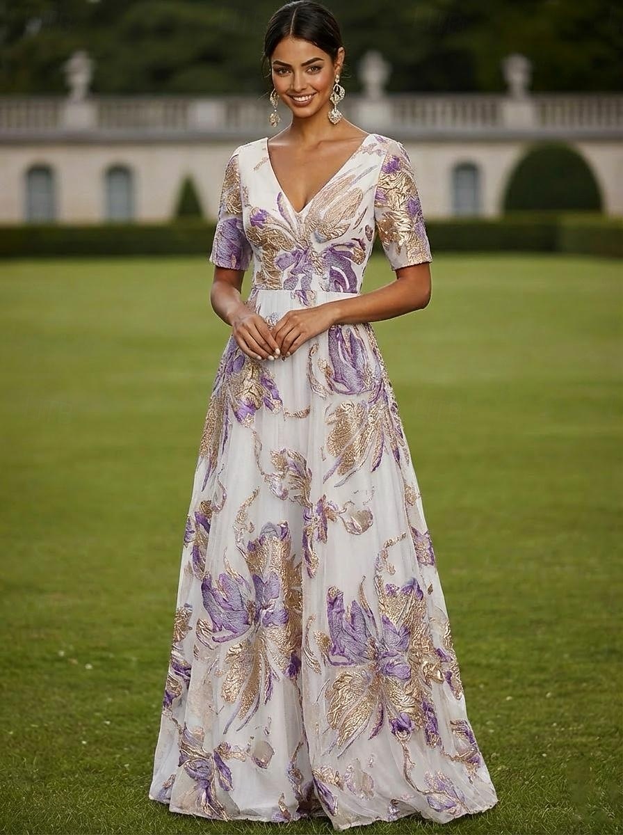 Corte A Vestidos Hasta el Suelo Vestido maxi Vestido de Fiesta Vestido Cóctel Vestido de Madrina Manga Corta Escote en Pico Elegante Vintage Lujoso Formal Invitado a la boda El derby de Kentucky Gasa 2026 - $175.49 –P1