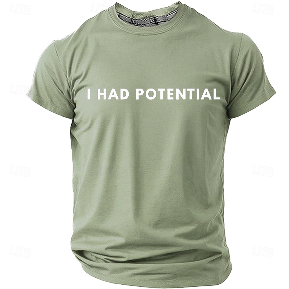 Heren T-shirt met de tekst "I had potential" (grappig, sarcastisch, minimalistisch, meme), normale pasvorm, begaafd, kind, burn-out, humor, casual, dagelijkse designerkleding, maten S, M, L, XL, XXL, 2026 - $19.99 –P6