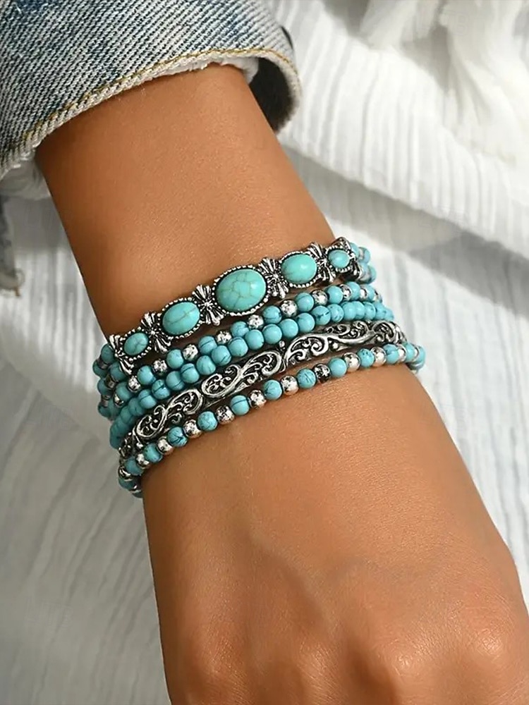 Bohemiskt turkost armbandsset för kvinnor, lager-på-lager pärlhalsband för strandsemester, resortkläder, avslappnade sommarkläder och vardaglig bohemisk styling 2026 - $11.99 –P2
