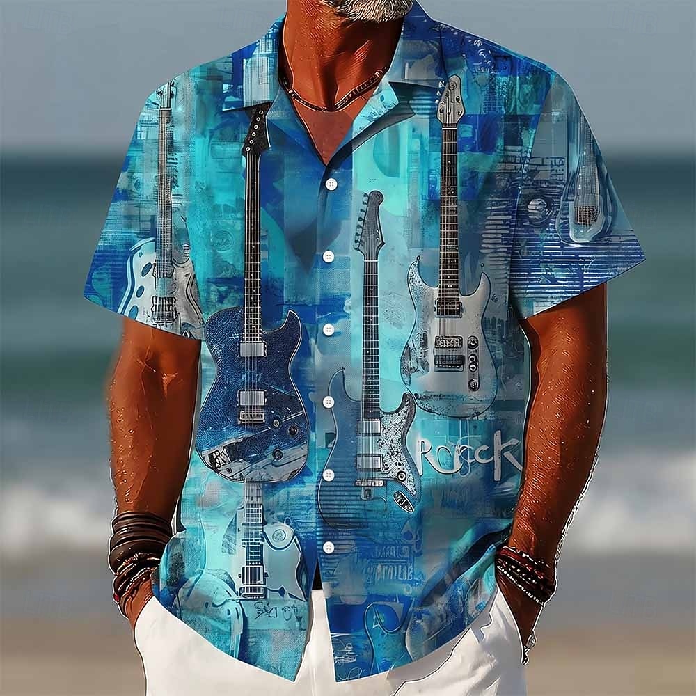 Voor heren Rots Gitaar Muziekinstrument Overhemd Overhemd met knopen Kampshirt Korte mouw Vintage Retro muziekfestival Feestdagen Zomer Lente Cubaanse kraag 3D-afdrukken blauw Oranje Groen 2026 - $25.99 –P2