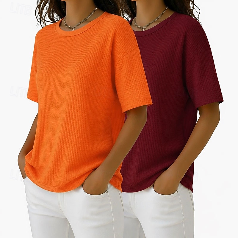 Набор из 2 женских футболок с вафельной текстурой, вафельный трикотаж, однотонные, стильные, базовые, классические, с коротким рукавом, круглым вырезом, стандартного кроя, повседневные, пляжные, розовые+оранжевые. 2026 - $41.99 –P6