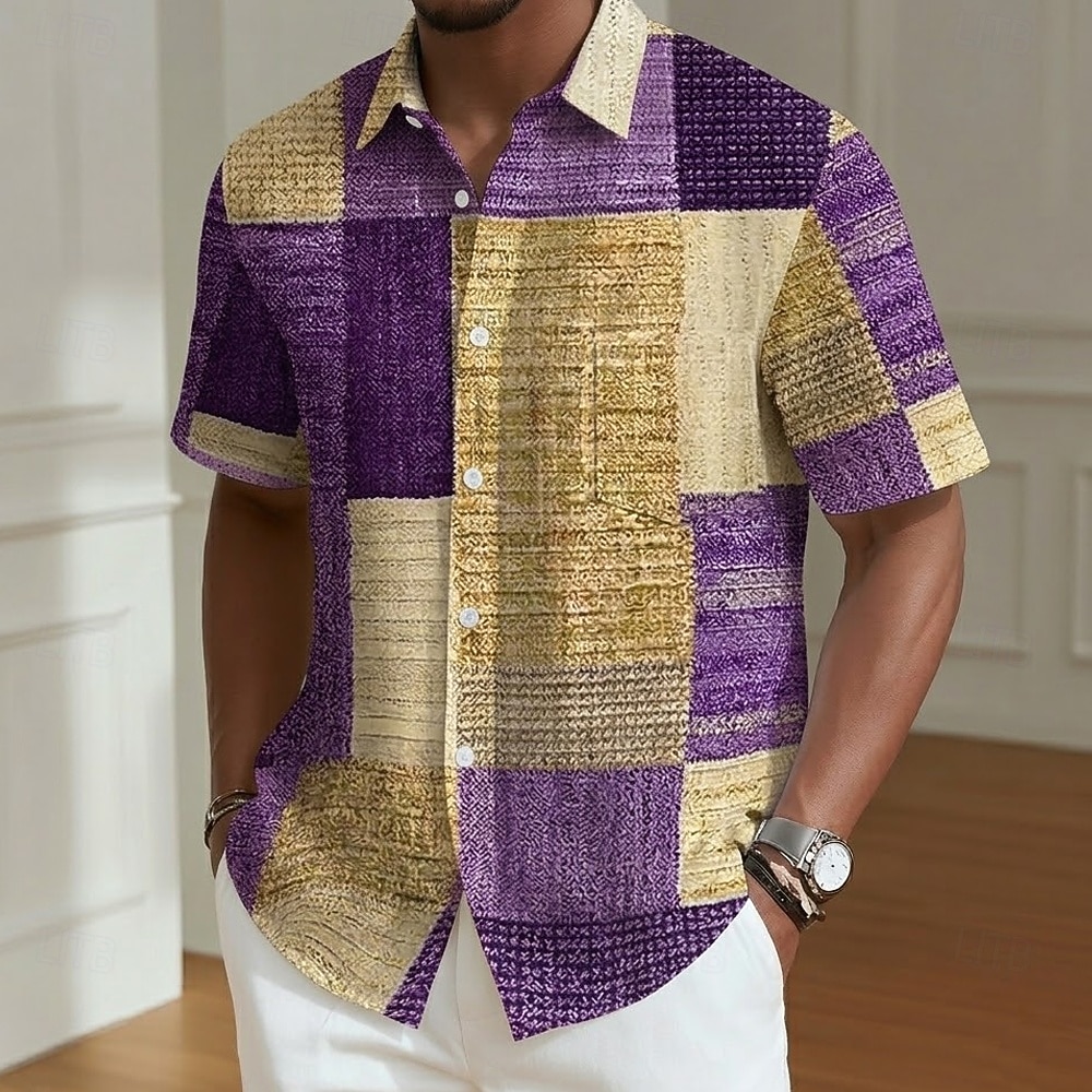Herren Geometrisch Farbblock Patchwork Hemd Sommerhemd Knopfhemd Kurzarm Modisch lässig Täglich Outdoor Ferien Sommer Frühling Umlegekragen 3D-Druck Eine Tasche vorne Leinenähnliches Hemd Blau Rosa 2026 - $25.99 –P4