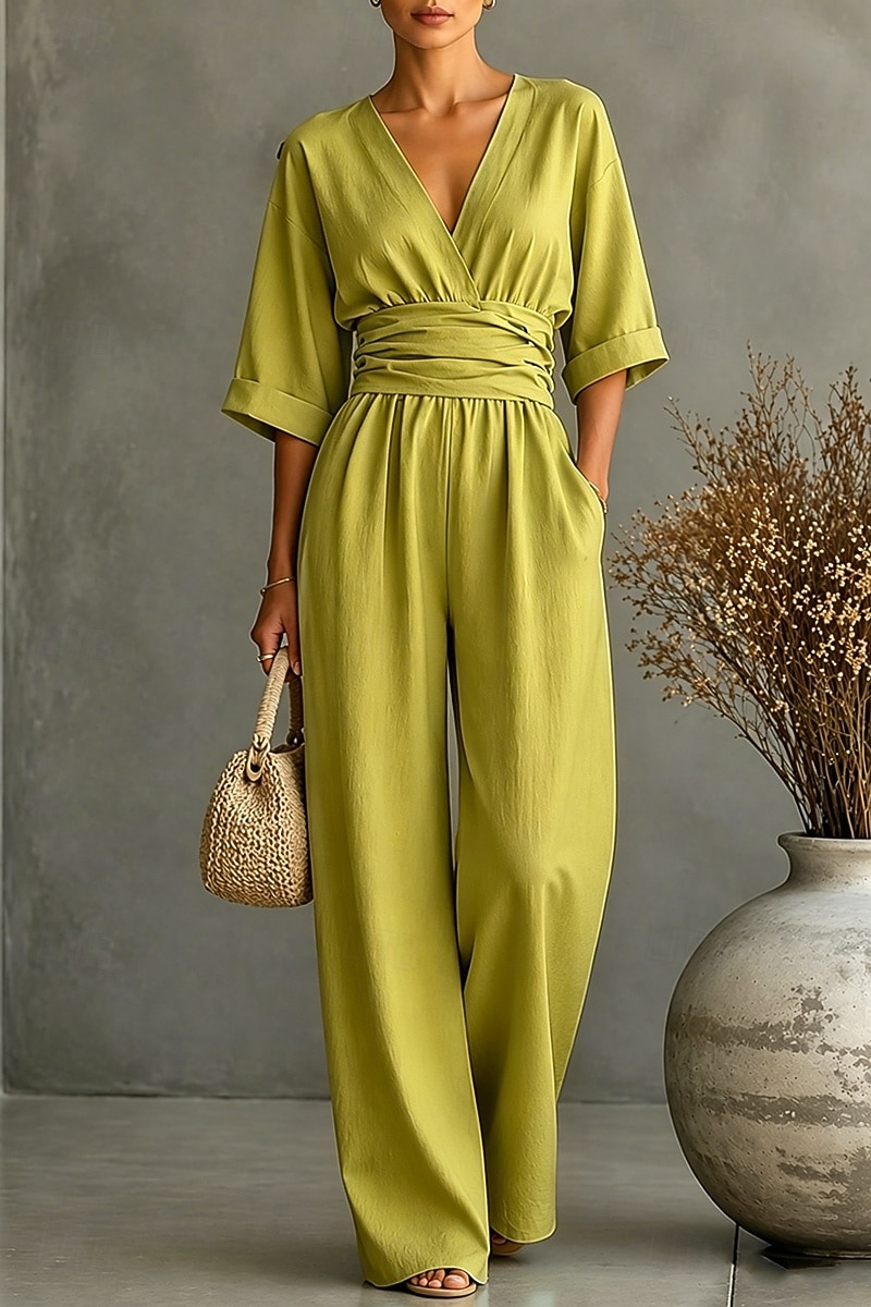 Damen Overall Elegant Einfarbig Halbarm Weites Bein V Ausschnitt Patchwork Tasche Täglich Urlaub Normale Passform Schwarz Weiß Gelb Sommer 2026 - $37.99 –P6