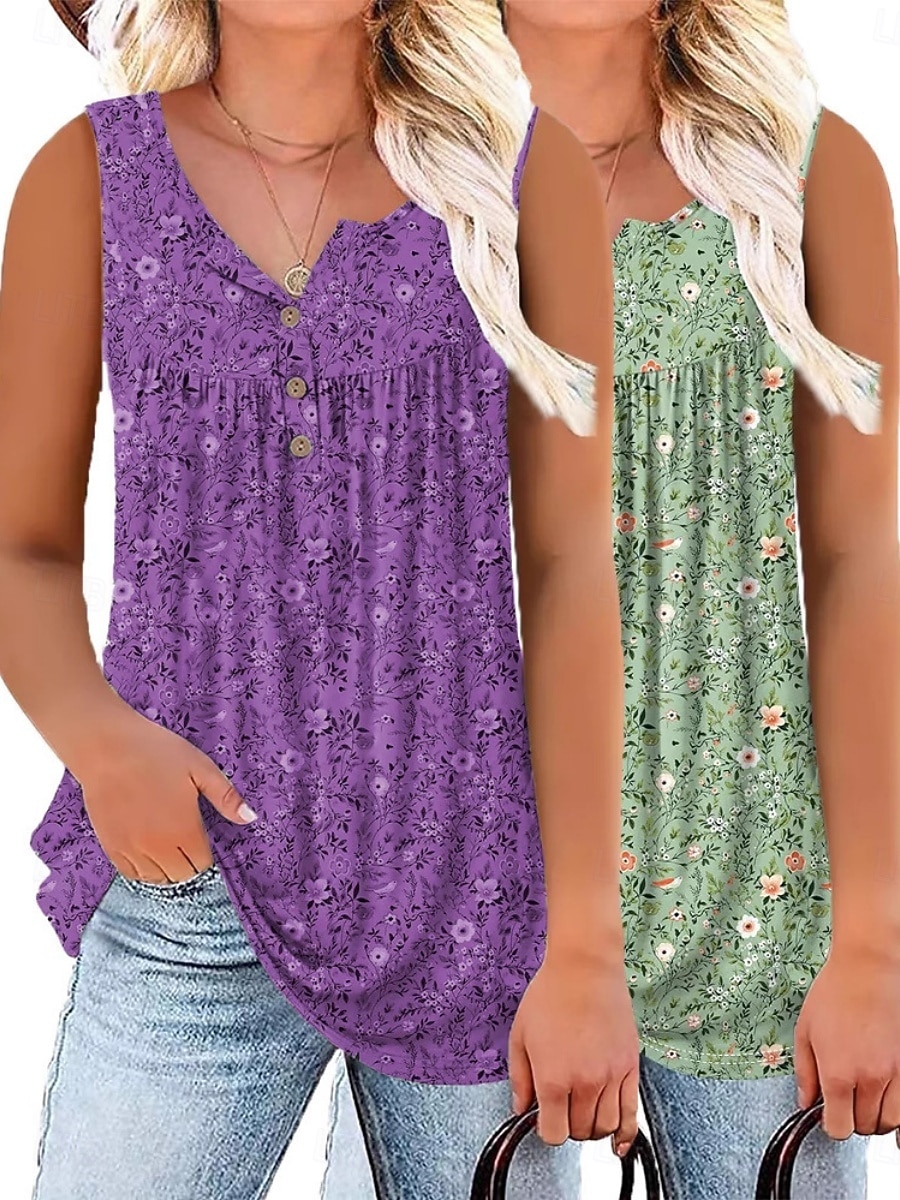 Multi Packs 2pcs Women's V Neck Sleeveless Yellow+Blue Tank Sleeveless Shirt Tee Top Floral Casual Daily Polyester Summer 2026 - $44.99 –P3