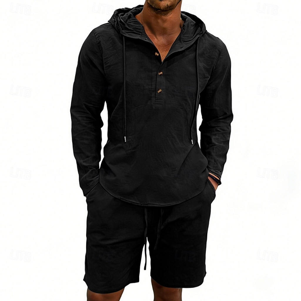 Herre Linskjorte 2 deler Popover skjorte Og Shorts Lin Shorts Strandshorts Sett عادي Daglig utendørs Feriereise Med hette Langermet Sommer Mote Fritid Bekvem Klær 2026 - $36.99 –P10
