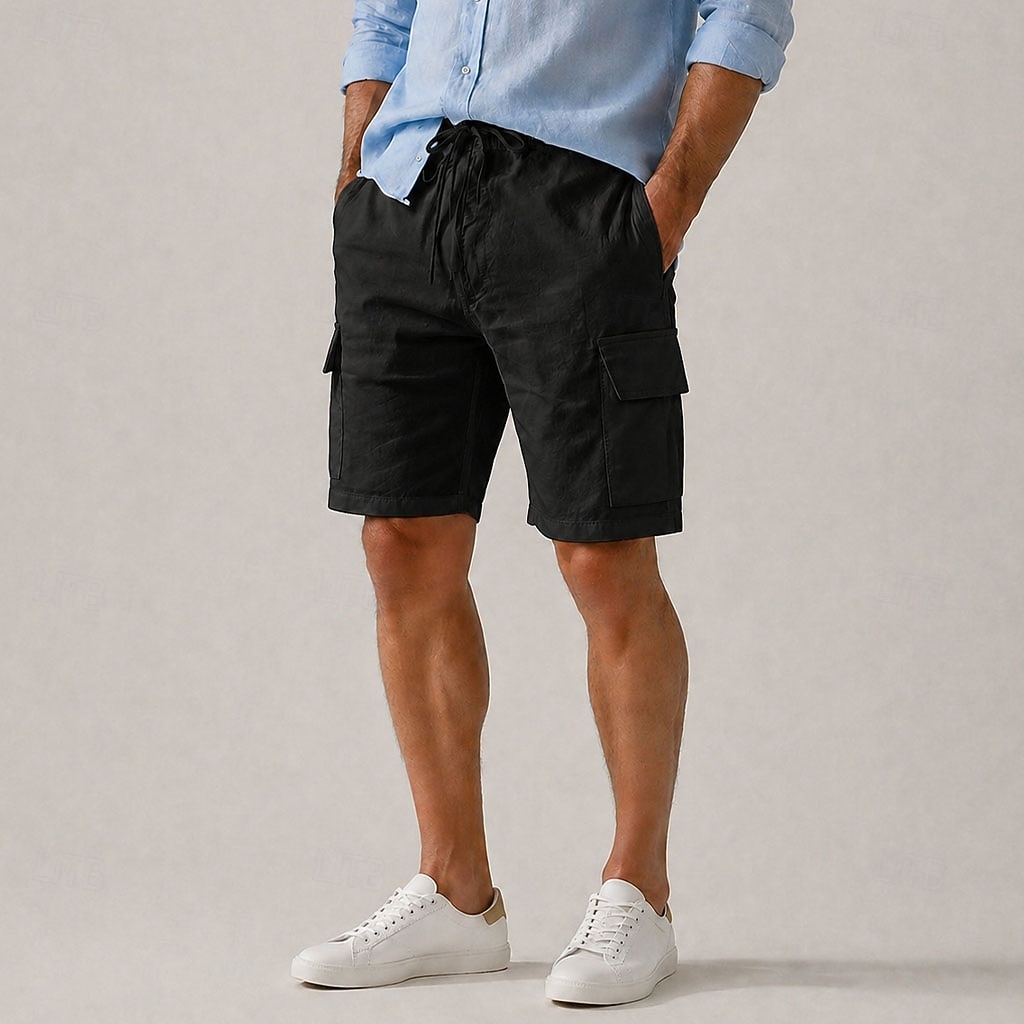 Short cargo en lin pour homme – longueur genou, taille élastique avec cordon de serrage, multipoches, confortable &respirant, décontracté, extérieur &vacances à la plage, noir & blanc de 2026 ? $35.99 –P4