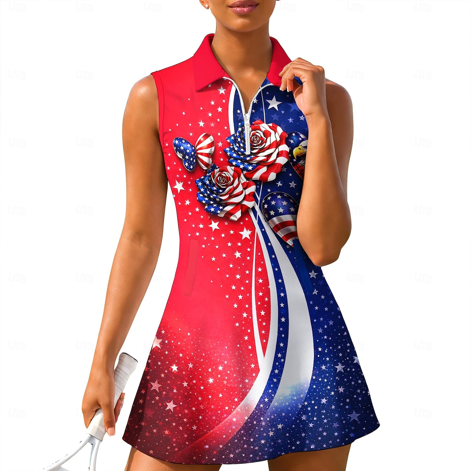 Amerikas 250. Jahrestag Tag der Unabhängigkeit Damen Geometrisch Nationalflagge Tenniskleid Sportkleid Ärmellos Druck Atmungsaktiv Tennis Golfspiel Badminton Polokragen Reißverschlusskragen Kleid Rot 2026 - $27.99 –P4