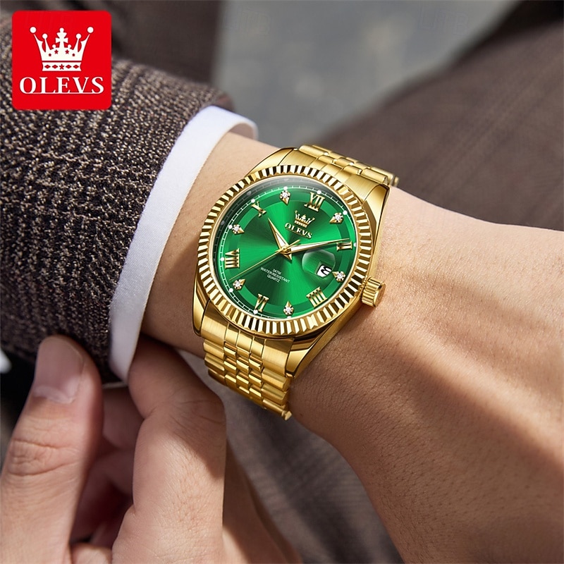 OLEVS Mens Luxury Watch Classic Green Face Two Tone Silver Gold Stainless Steel Waterproof Quartz Wristwatch with Date Luminous Hands Business Dress Fashion Watches for Men Gifts 2026 - $38.99 –P16