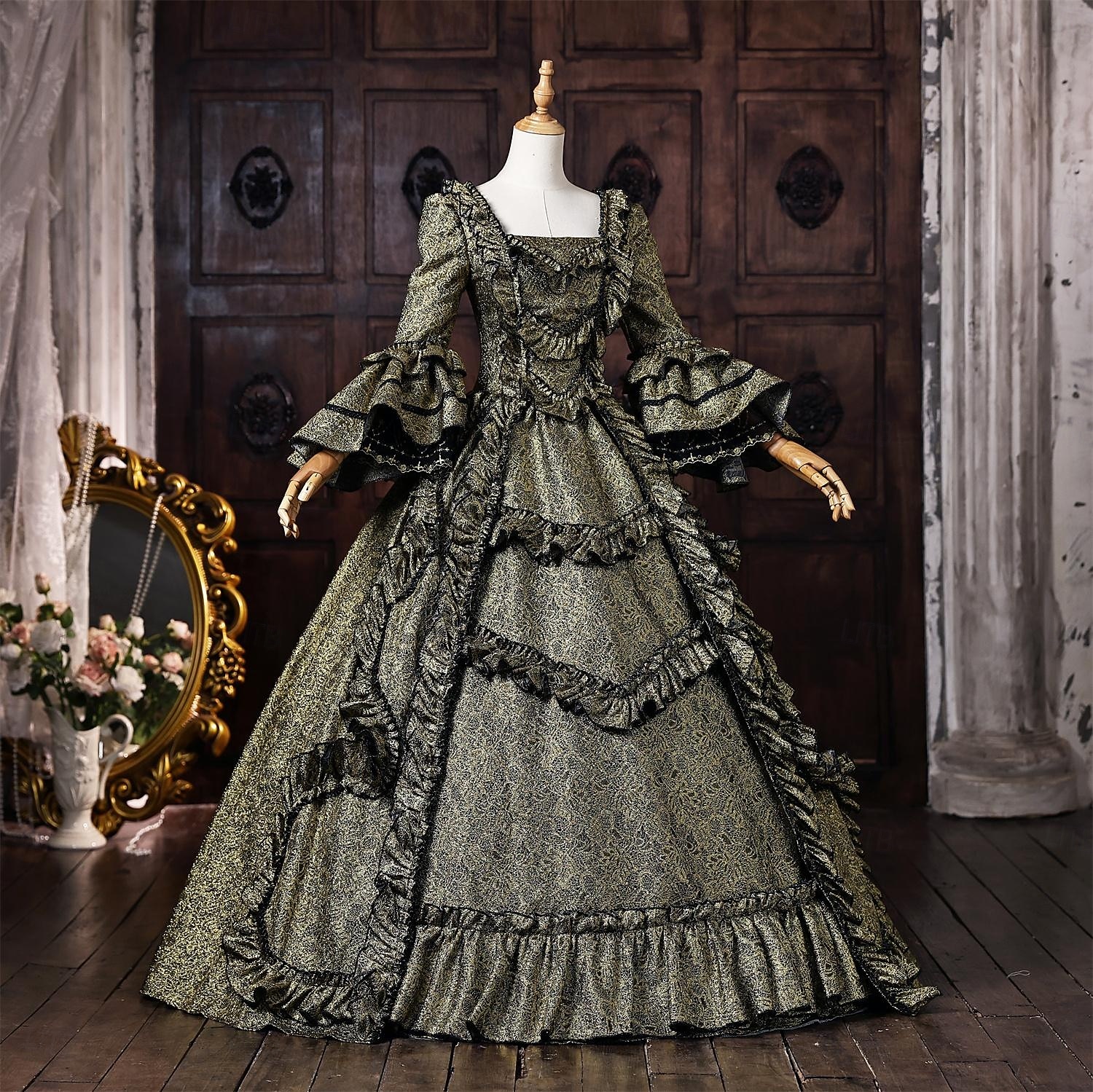 Rococò Barocco Abito da Ballo Lunghezza al pavimento Vestito Abito da Ballo Lunghe Principessa Sposa Pizzo Floreale Abito da ballo Collo quadrato Costume Per donna Reale Halloween Carnevale Mascherata del 2026 a $273.39 –P3