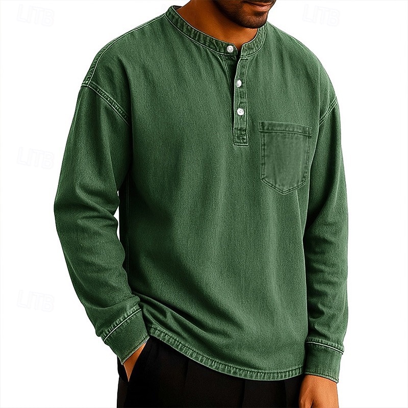 SoftFade™ Pánské tričko Henley T-shirt Tee dlouhý rukáv jednobarevné vintage retro ležérní styl obarvené vybledlé Henley ležérní jaro podzim černá šedá světle modrá Henley T-Shirt 2026 - $29.99 –P12