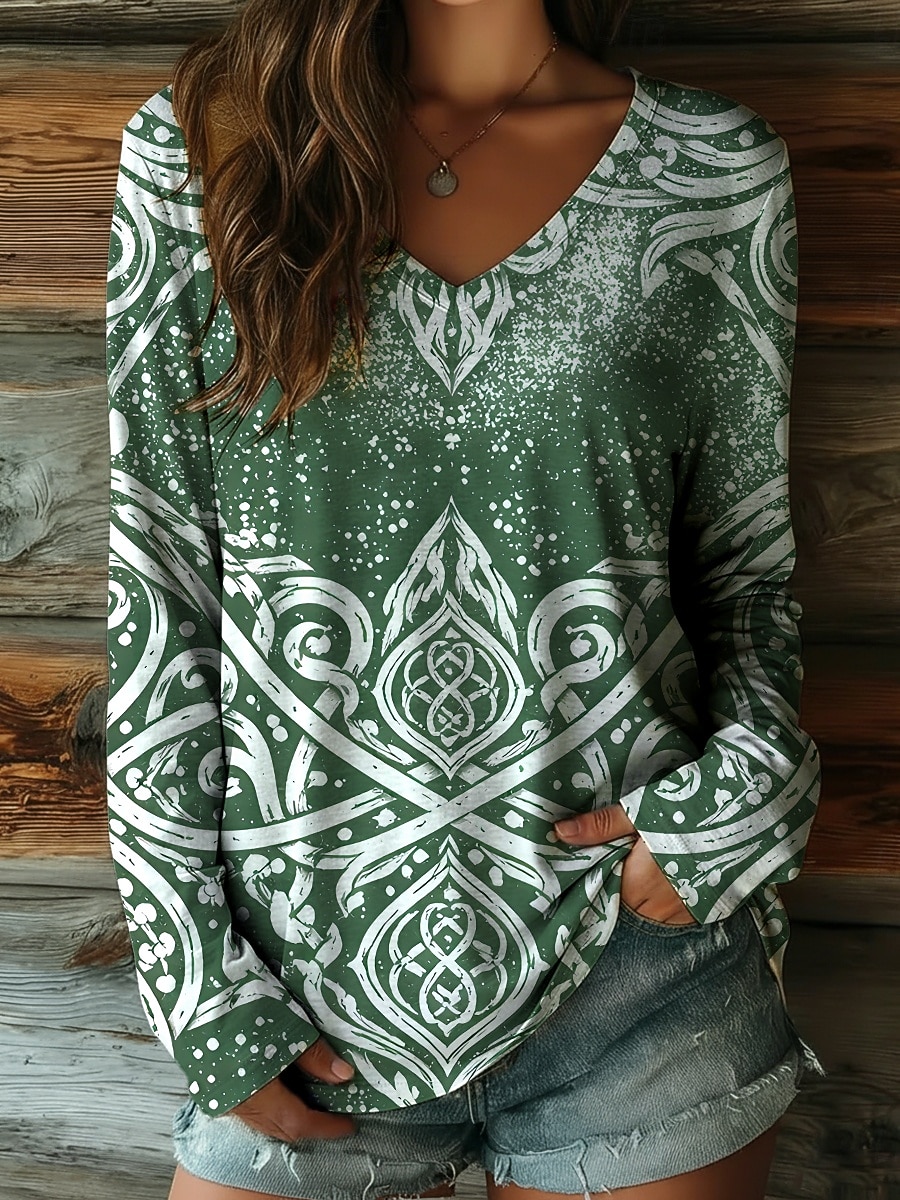 Dames T-shirt Afdrukken Grafisch Vintage Casual Boho Lange mouw V-hals Normale tops Dagelijks Groen Lente Herfst 2026 - $26.99 –P1
