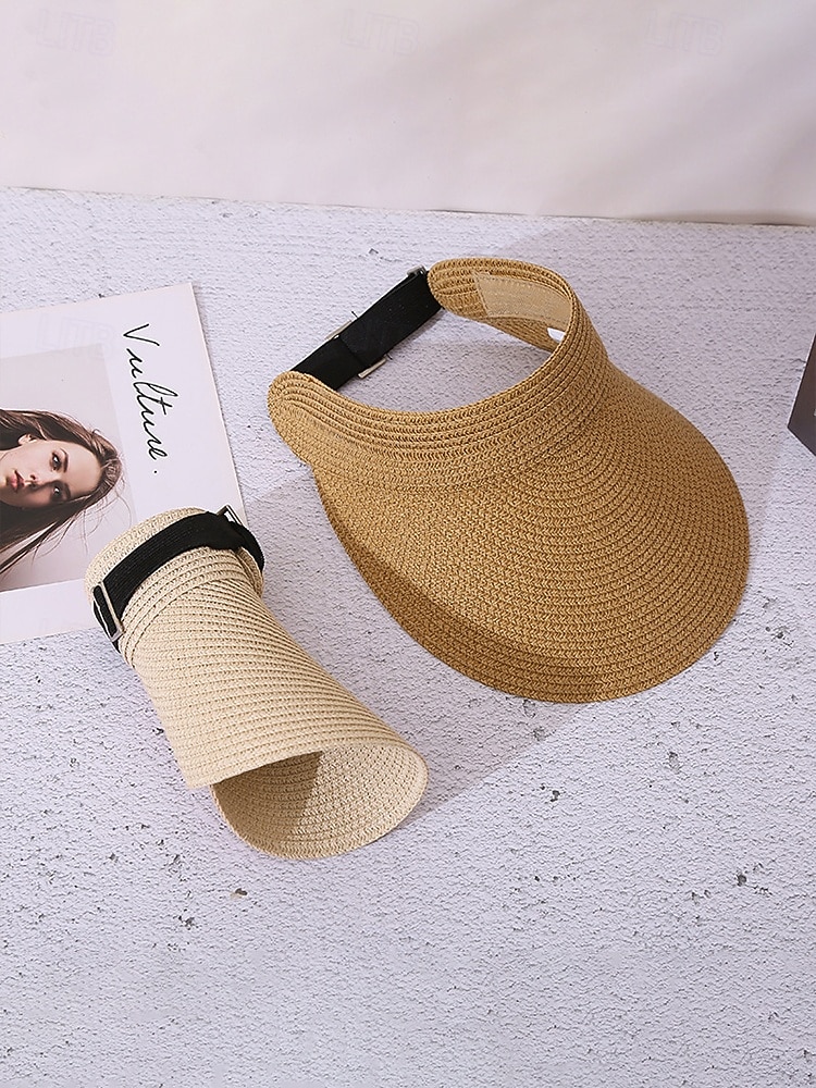 Visera de paja estilo boho para mujer, gorra de playa plegable y ajustable multicolor para vacaciones, resort de verano y uso casual diario. 2026 - $11.99 –P6