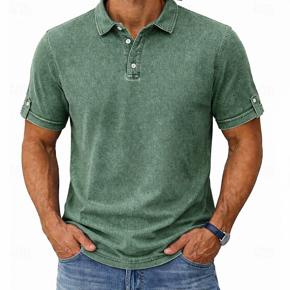 Camisetas Polo para Hombre SoftFade™ 100% Algodón Camisa de Lavado Ácido Casual Vacaciones Con Solapa Manga Corta Moda Básica Sólida Texturizada Botones Vintage Verano Primavera Azul Verde Caqui Gris 2026 - $32.99 –P1