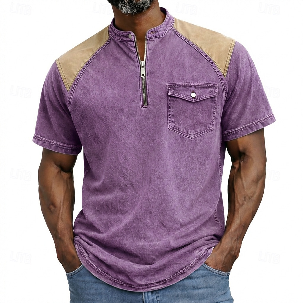Men's Henley Shirt 100% Cotton Acid Wash Shirt Short Sleeve Plain Solid Vintage Retro Vintage Casual Zipper Vintage Style Garment Dyed Henley Casual Spring & Summer Summer Spring Black Pink Light 2026 - $33.99 –P8